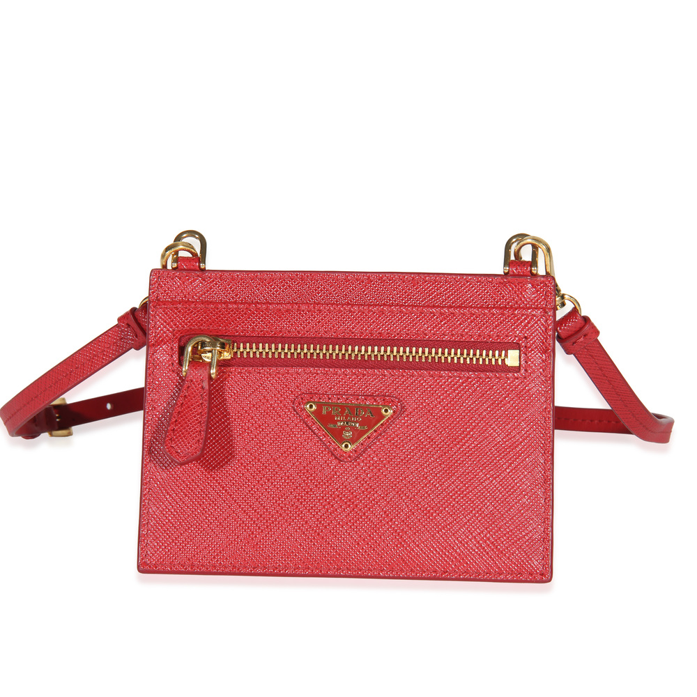Prada Red Saffiano Triangle Card Holder With Strap